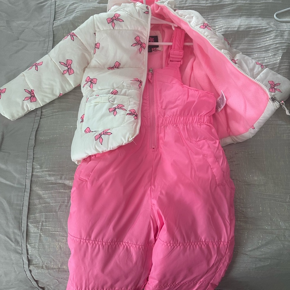 Pink Bow-Print Winter Jacket and Snowsuit Set